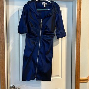 Shimmery dark blue Joseph Ribkoff dress, size 12, full length front zipper.